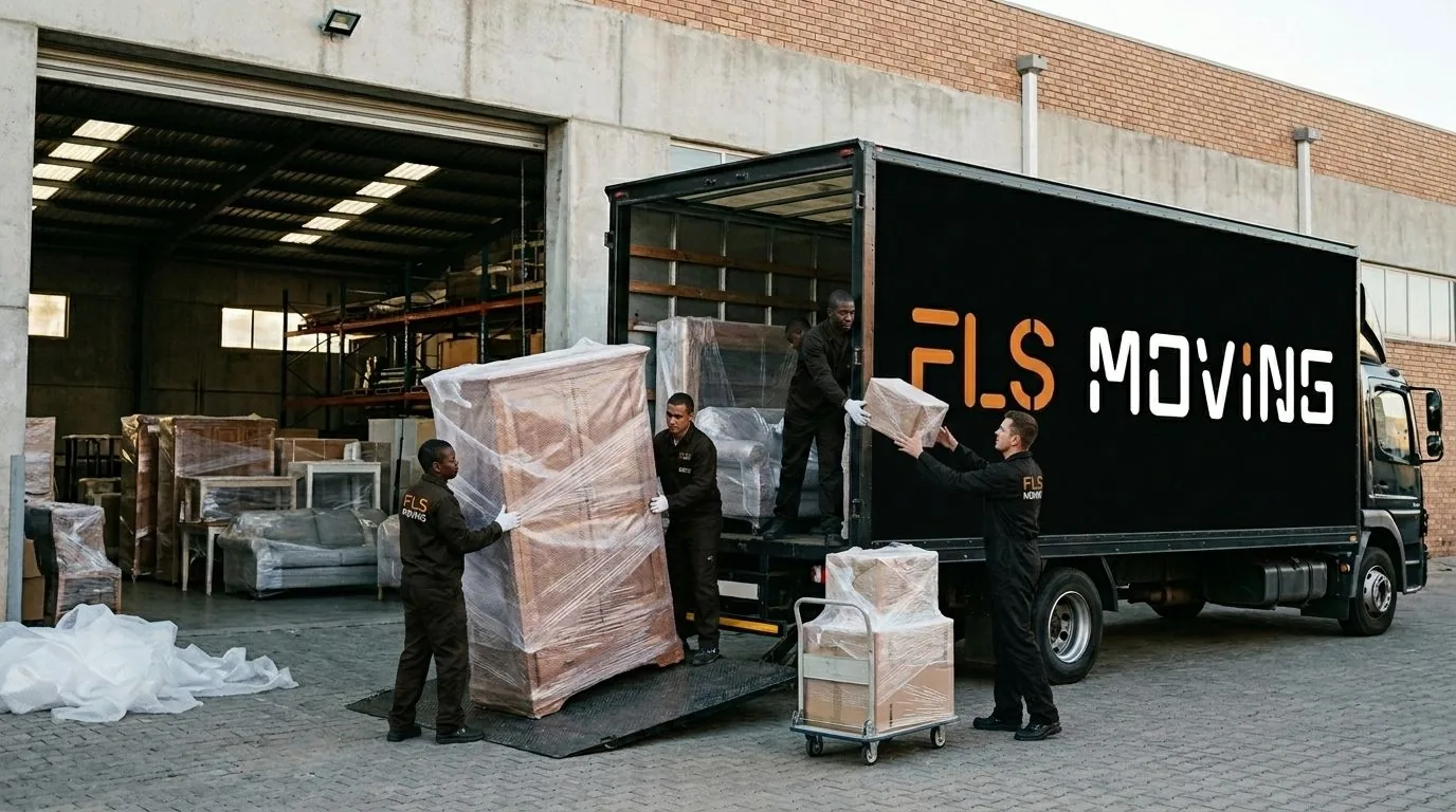 Équipe FLS Moving préparant des cartons pour un transport international