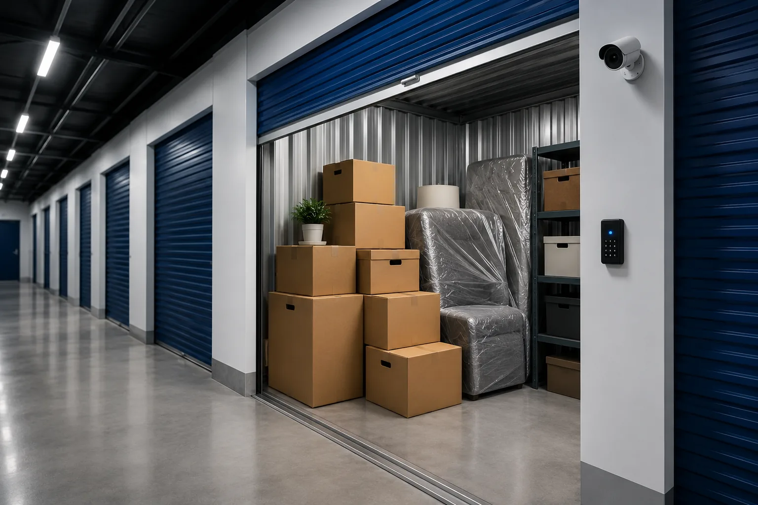 Cartons empilés dans un garde-meubles sécurisé FLS Moving à Bruxelles