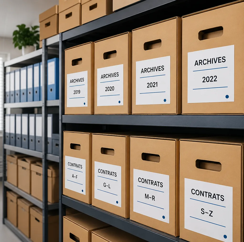 Locaux en cours de déménagement avec cartons étiquetés